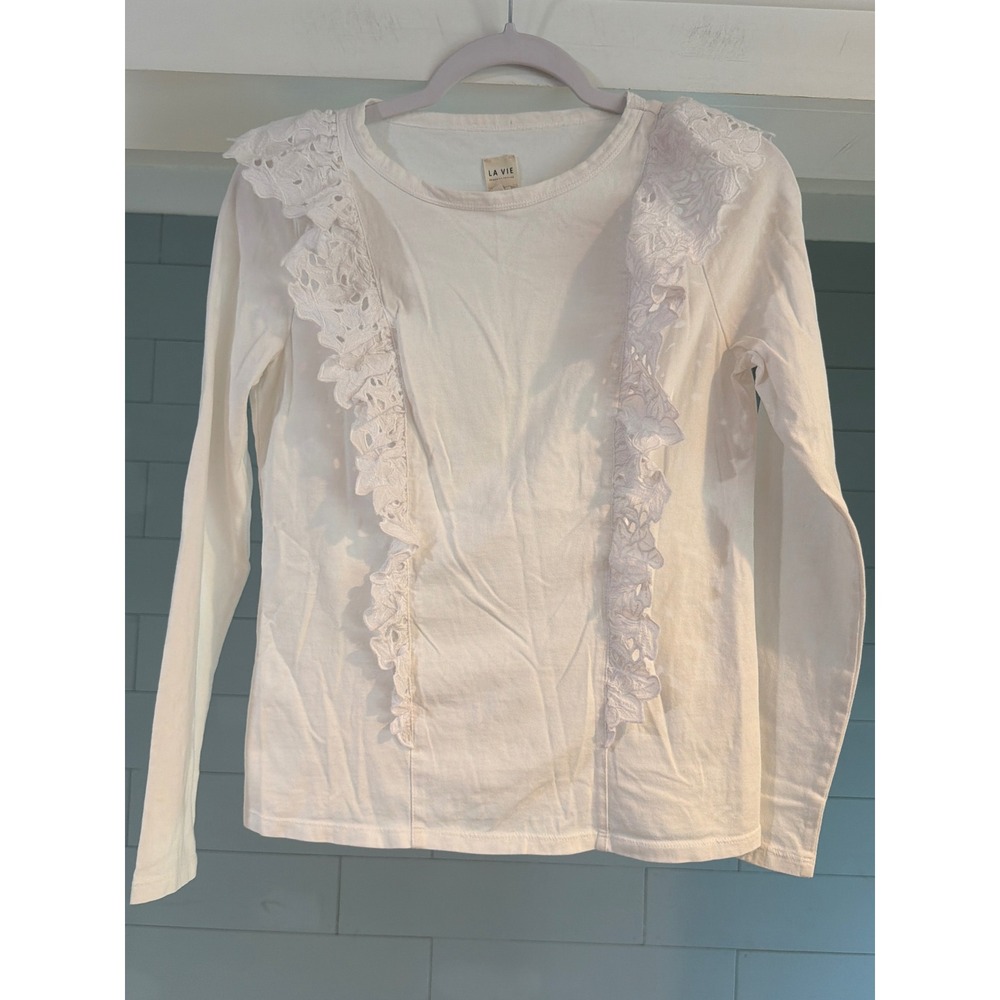 La Vie Rebecca Taylor White Cotton Eyelet Lace Ruffle Long Sleeve Top XS